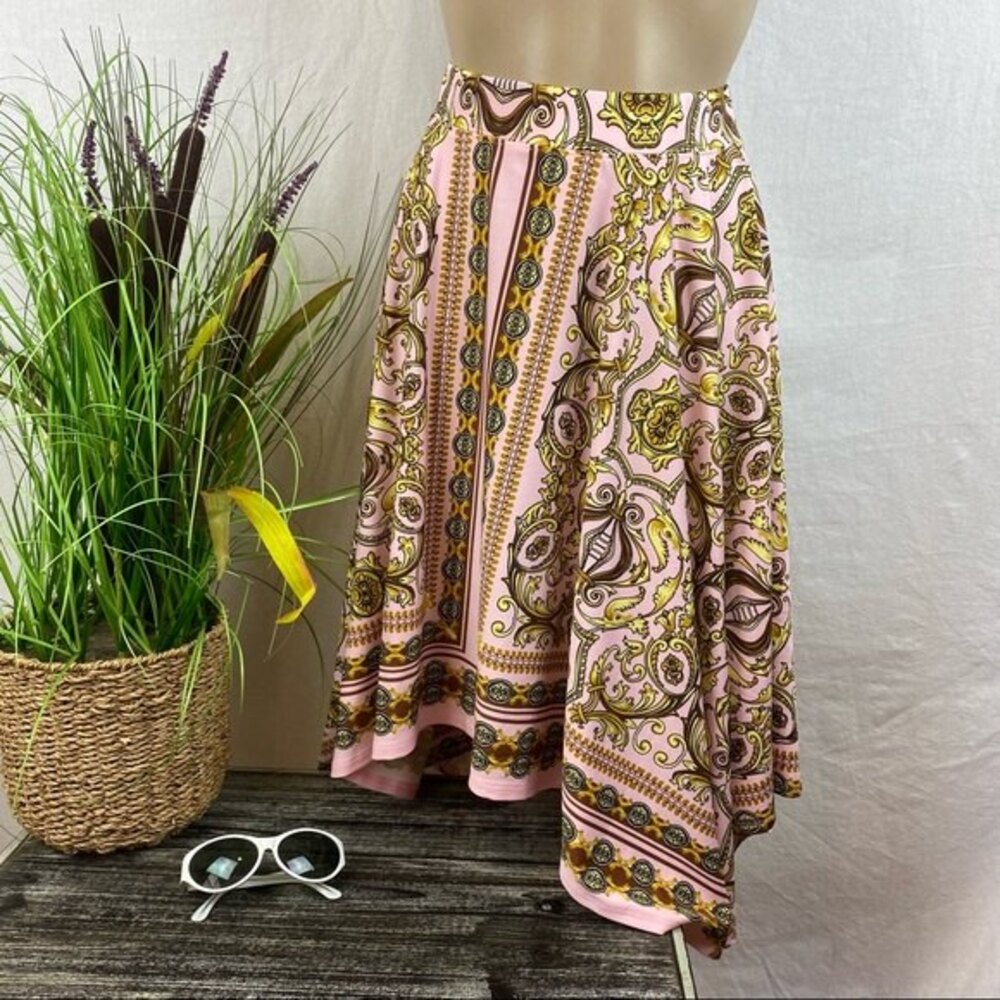 Venus Pink & Gold Print Asymmetric Hem Full A Line Skirt XS - Picture 3 of 7